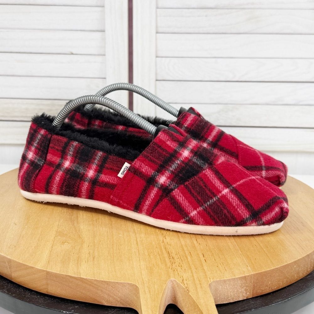Toms Alpargata Plaid Flannel Fur Lined Slip On Flats‎ Shoes Red Black 10